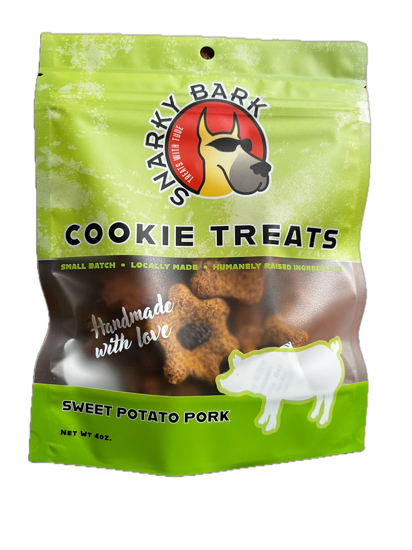 Snarky Bark sweet potato pork dog cookie treats in green BPA free packaging, made with local, grass-fed pork and pesticide-free sweet potatoes