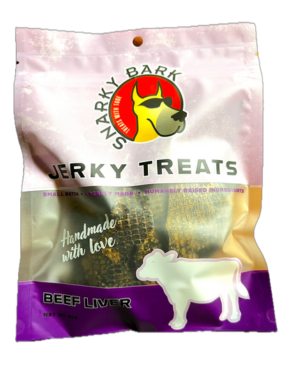 Snarky Bark Beef Liver Jerky dog treats in resealable pouch, handmade, grass-fed beef liver, single ingredient, USA sourced, BPA free packaging