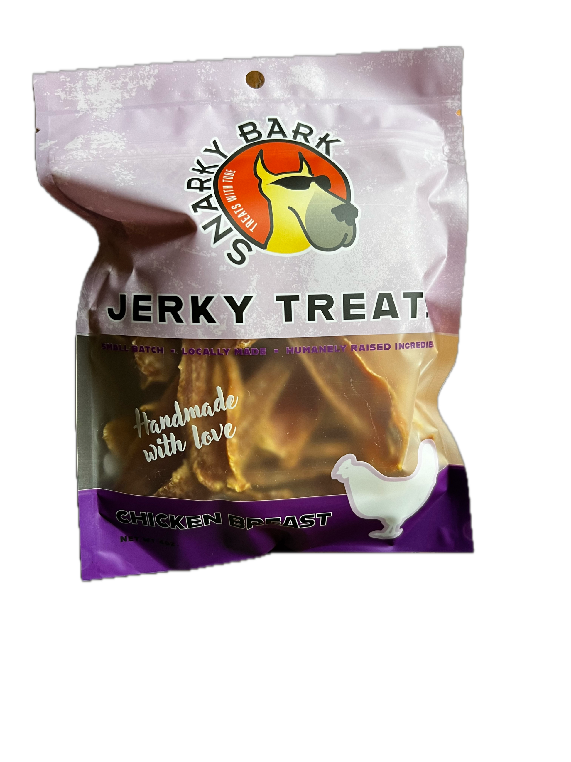 Snarky Bark Chicken Breast Jerky dog treats in BPA free packaging made from pasture-raised chicken breast