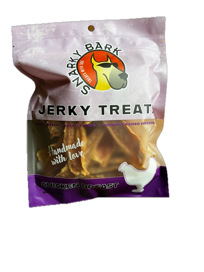 Snarky Bark Chicken Breast Jerky dog treats in BPA free packaging made from pasture-raised chicken breast