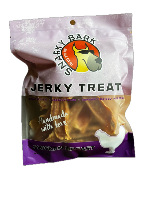 Snarky Bark Chicken Breast Jerky dog treats in BPA free packaging made from pasture-raised chicken breast