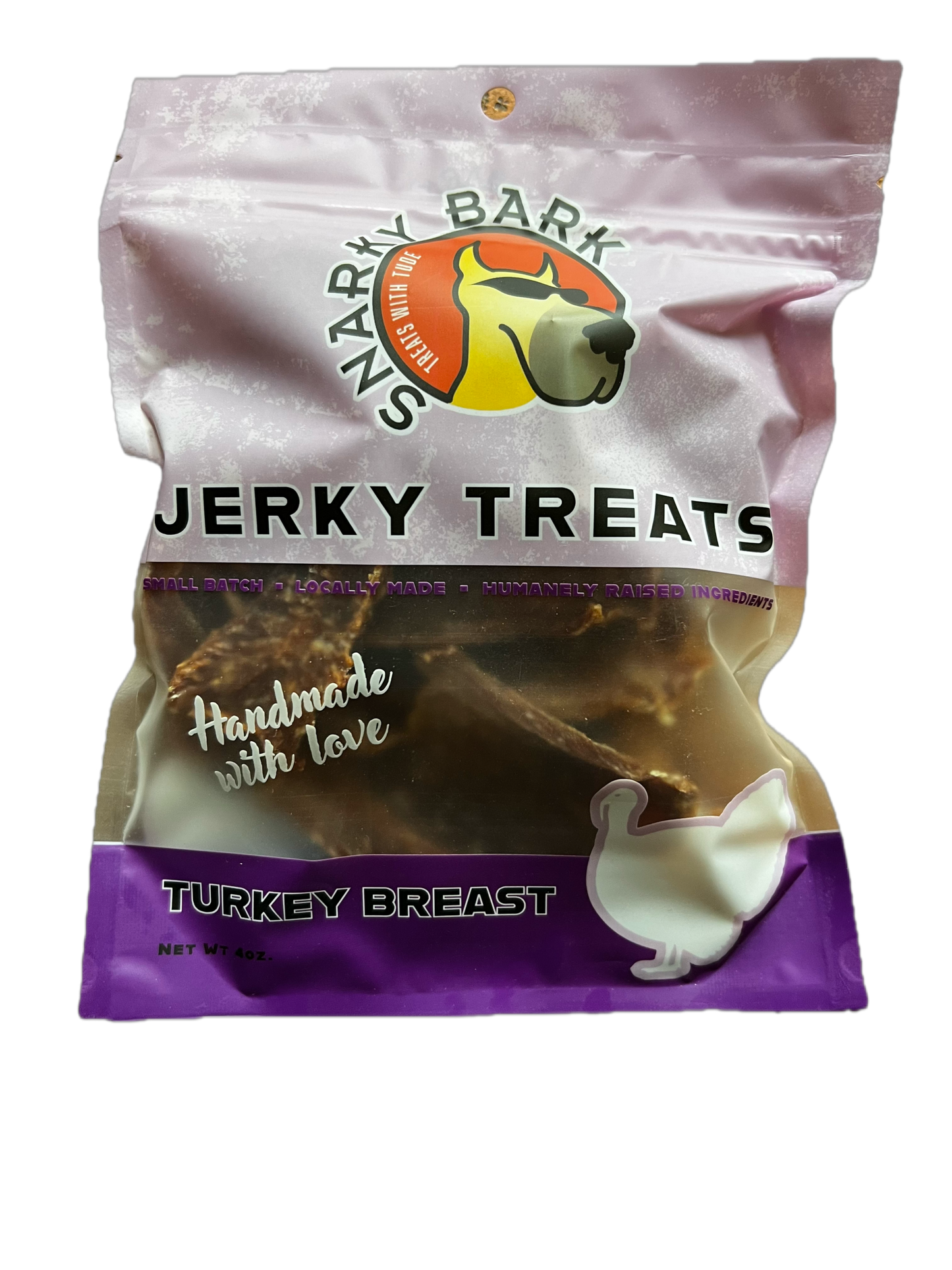 Snarky Bark Turkey Breast Jerky pet treats in BPA free packaging made from pasture-raised turkey breast