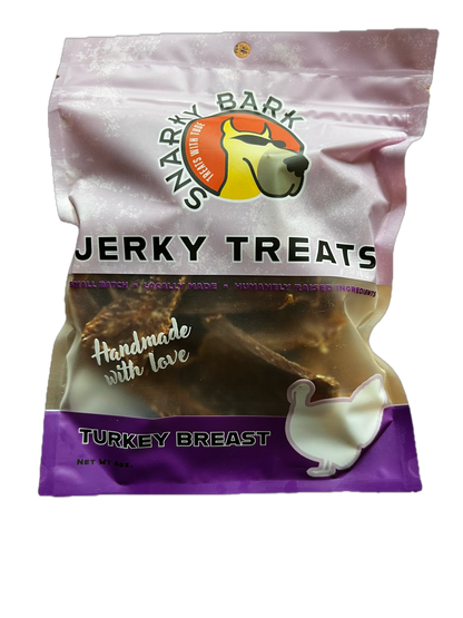 Snarky Bark Turkey Breast Jerky pet treats in BPA free packaging made from pasture-raised turkey breast