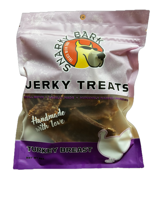 Snarky Bark Turkey Breast Jerky pet treats in BPA free packaging made from pasture-raised turkey breast