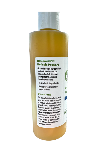 4-Hairless Pets Sensitive Shampoo bottle for pets with dry, rash-prone skin, made with organic, natural ingredients and exfoliating gloves included