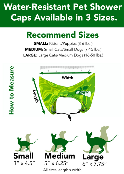 Water-resistant pets shower cap with sizing guide for small, medium, and large cats and dogs