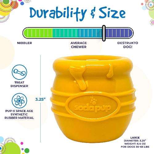 Honey Pot Dog durable yellow rubber treat dispenser for medium to large dogs, 3.25-inch size, chew-resistant enrichment toy