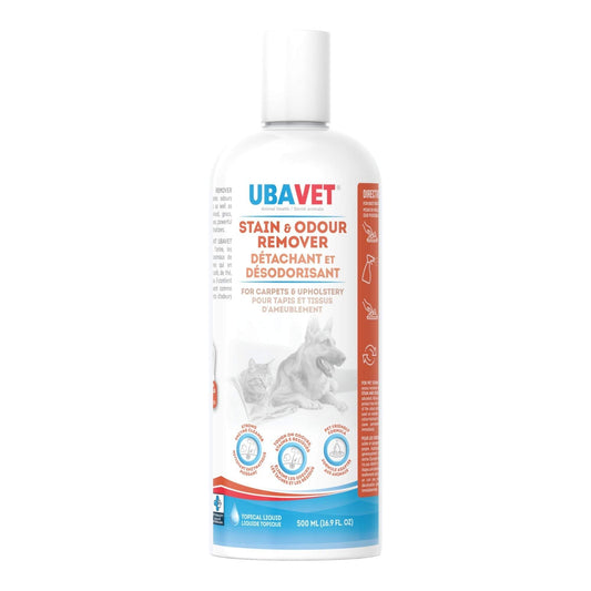 UBAVET Stain and Odor Remover bottle for dogs and cats, enzyme cleaner for carpets and upholstery, 16.9 fl oz