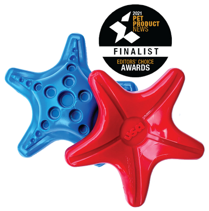 Starfish Nylon Dog Chew Toy in red and blue, ultra-durable nylon design for aggressive chewers, USA made