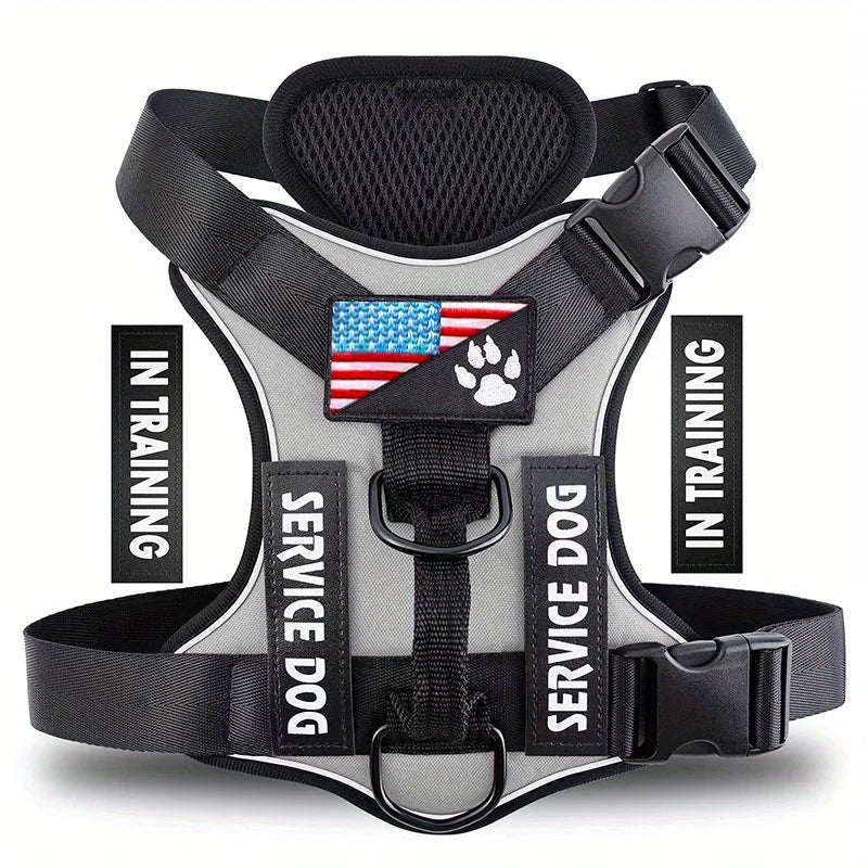 Adjustable reflective service dog harness with 5 patches and soft mesh lining by JTPAWS