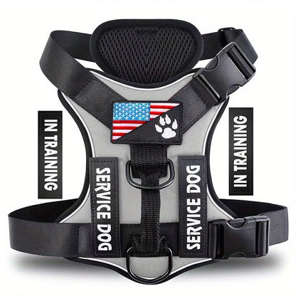 Adjustable reflective service dog harness with 5 patches and soft mesh lining by JTPAWS