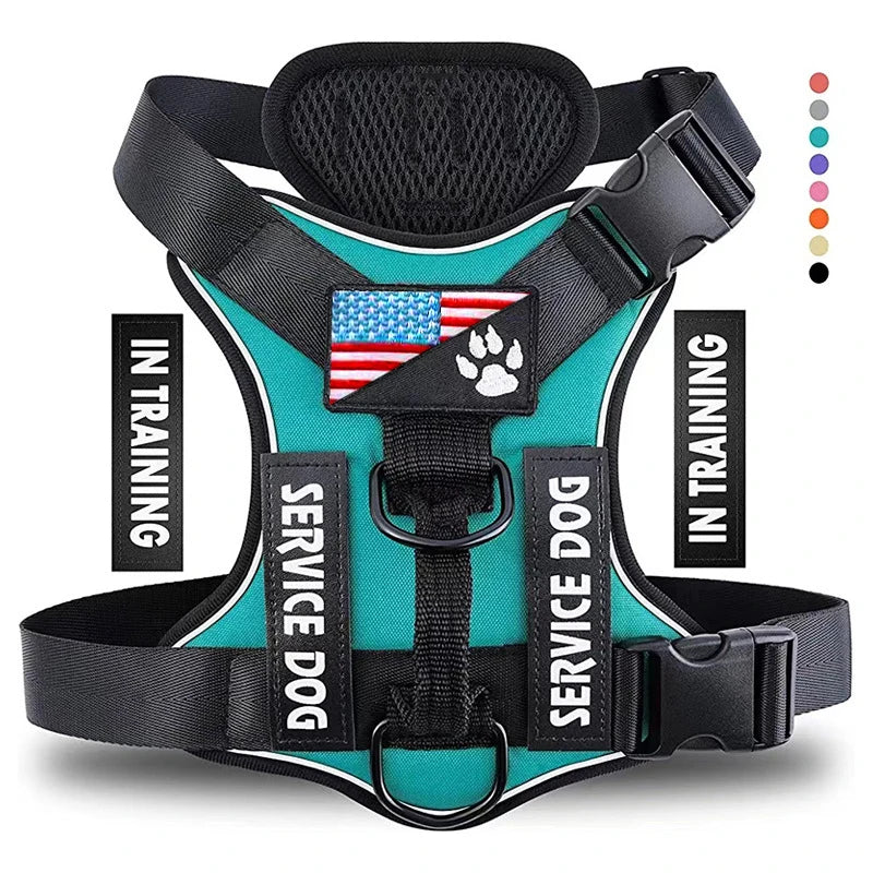 Adjustable reflective service dog harness vest with soft oxford material and 5 patches