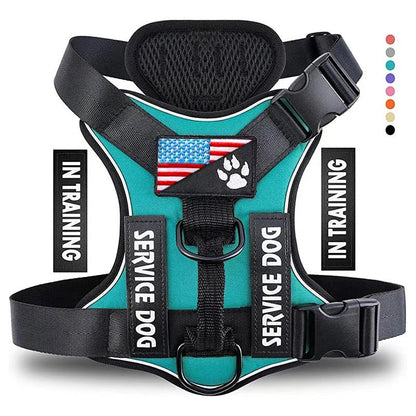Adjustable reflective service dog harness vest with soft oxford material and 5 patches