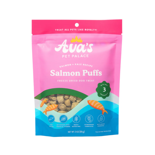 Ava's Pet Palace Salmon Puffs freeze dried dog treats with wild-caught salmon, kale, and flaxseed in a 3 oz pink resealable bag