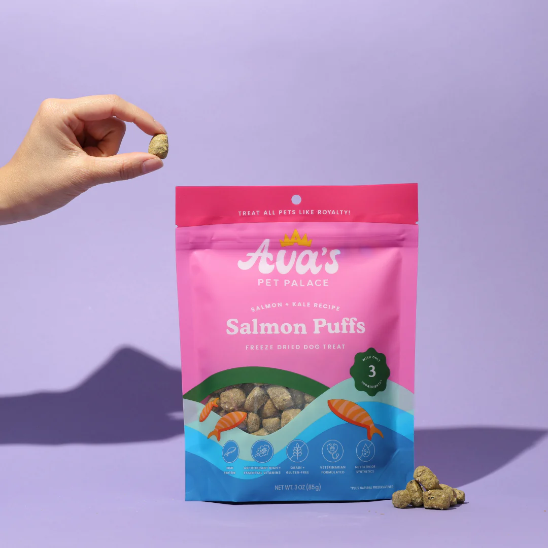 Ava's Pet Palace Salmon Puffs freeze dried dog treats made with wild-caught salmon, kale, and flaxseed for healthy skin and coat