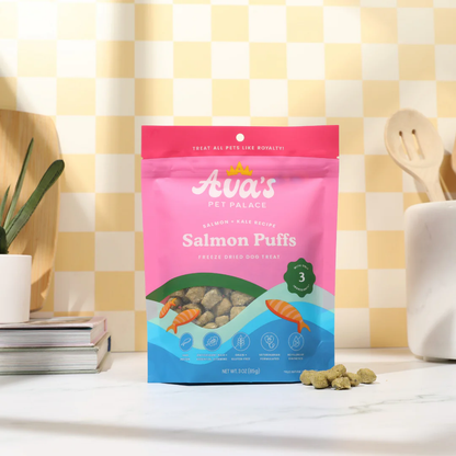 Ava's Pet Palace Salmon Puffs freeze dried dog treats with wild salmon, kale, and flaxseed in 3 oz pink packaging