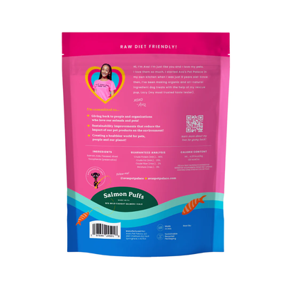 Ava's Pet Palace freeze-dried Salmon Puffs dog treats bag with nutritional info and product commitment details