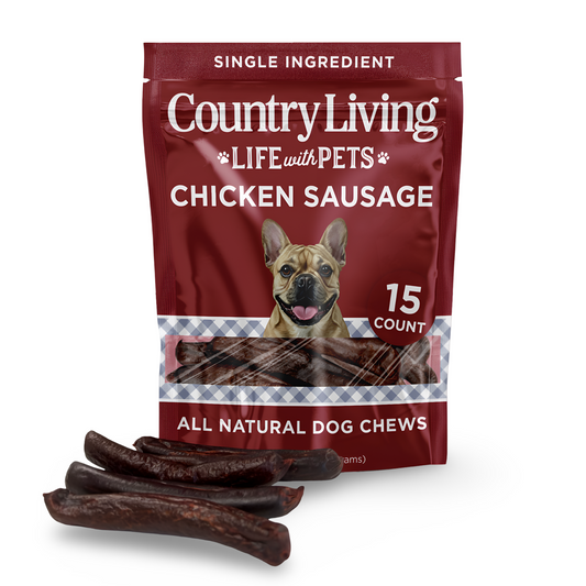 Country Living Beef Flavored Chicken Sausage Dog Treats 4"-5" 15 count in resealable bag, soft chewy high-protein training snacks, grain-free, natural ingredients