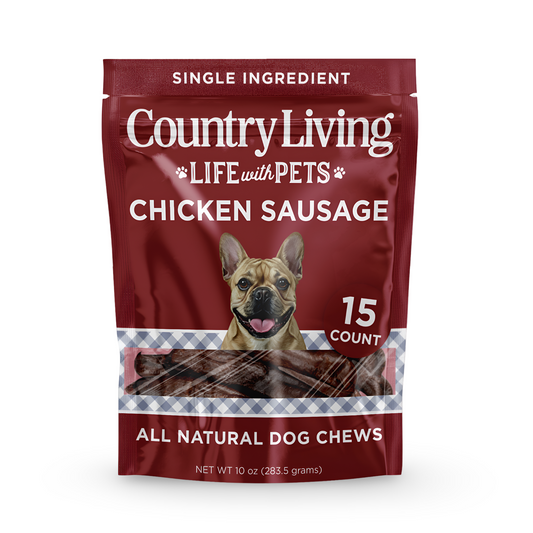 Country Living Beef Flavored Chicken Sausage Dog Treats 4"-5" 15 countresealable bag with soft, chewy, high-protein natural dog chews