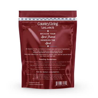 Country Living Beef Flavored Chicken Sausage Dog Treats 4"-5" 15 count in resealable bag, soft chewy high-protein grain-free treats for training and rewarding dogs