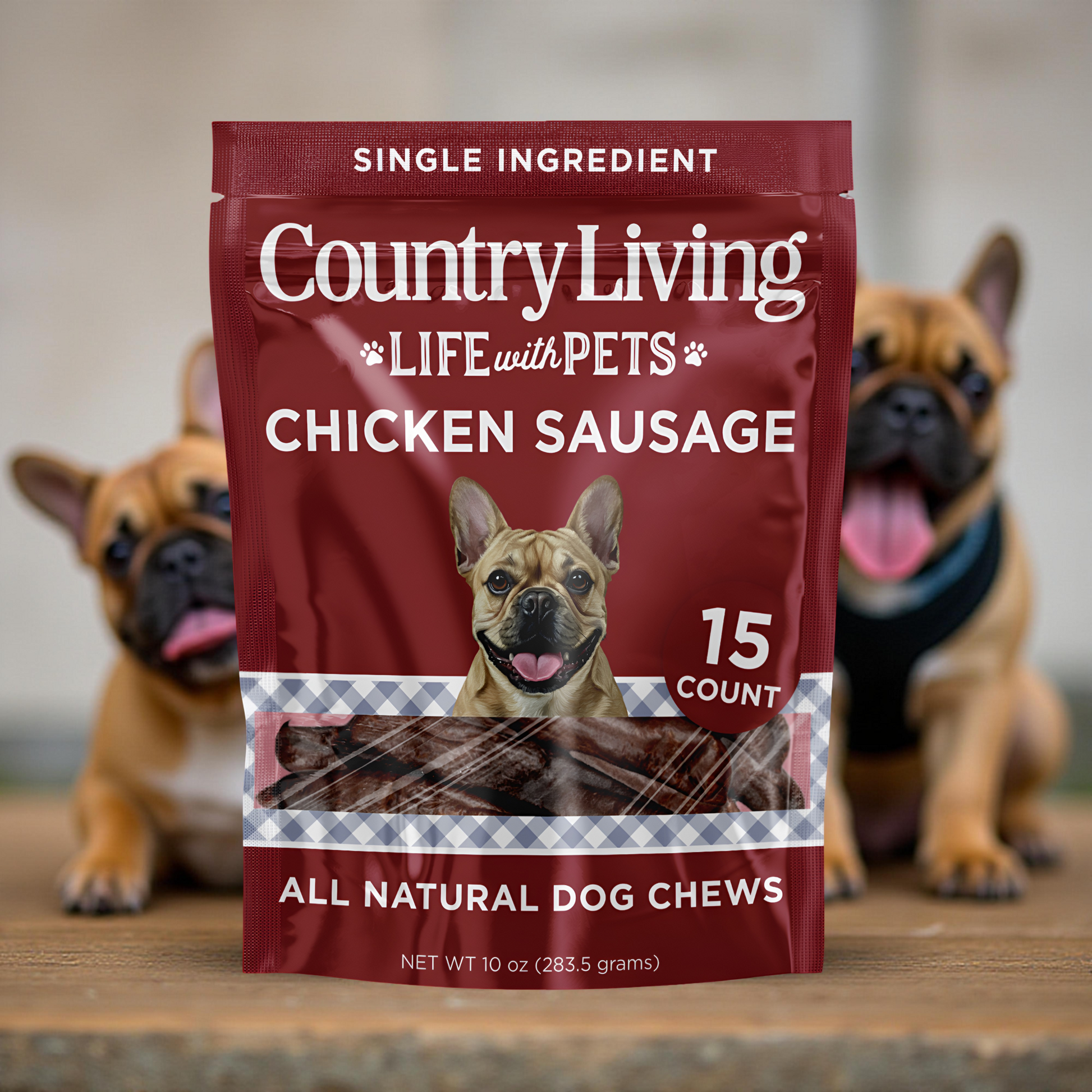 Country Living Beef Flavored Chicken Sausage Dog Treats 4"-5" 15 count in a resealable red bag with a dog image and 15 count label