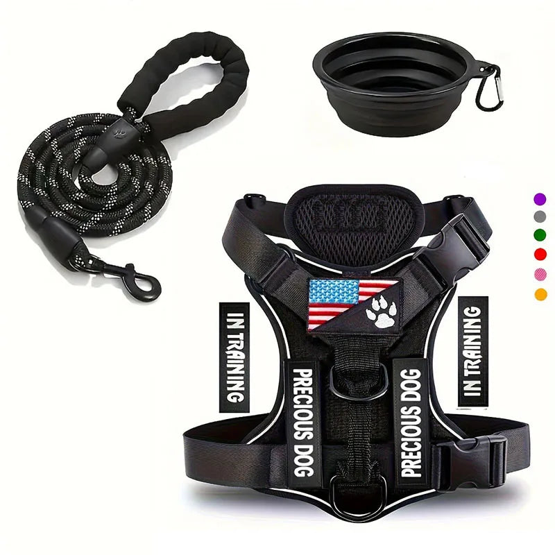 Adjustable reflective service dog harness and leash set with folding bowl, soft padded vest for small dogs