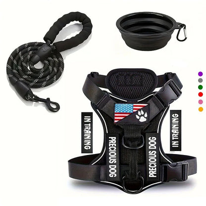 Adjustable reflective service dog harness and leash set with folding bowl, soft padded vest for small dogs