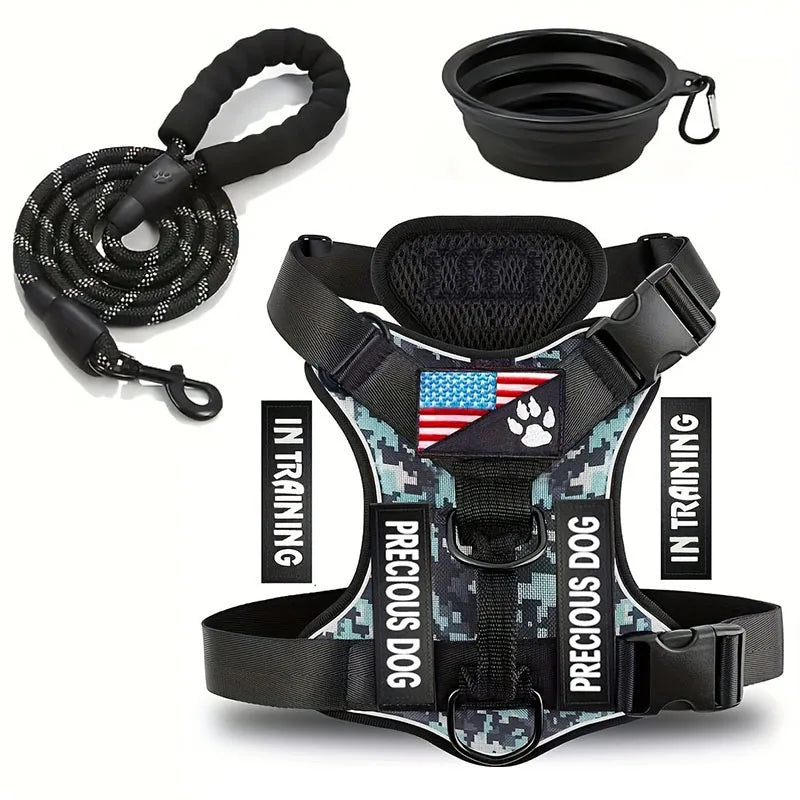 Service dog harness and leash set with reflective adjustable vest and folding bowl for small dogs