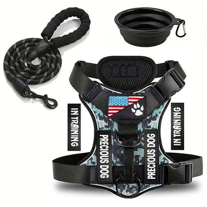 Service dog harness and leash set with reflective adjustable vest and folding bowl for small dogs