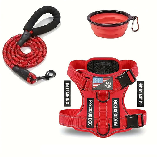 Reflective adjustable service dog harness and leash set with folding bowl and padded soft oxford vest for small dogs