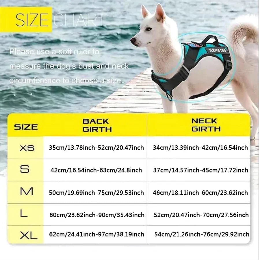 Adjustable reflective service dog harness vest with patches and soft mesh lining