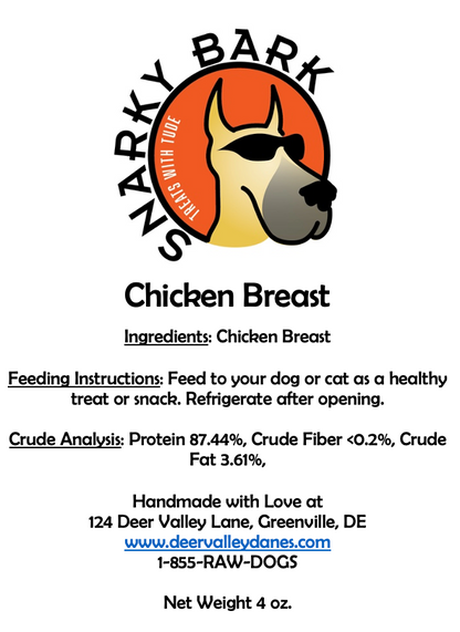 Snarky Bark Chicken Breast Jerky dog treats made from pasture-raised chicken breast, human grade and antibiotic free.