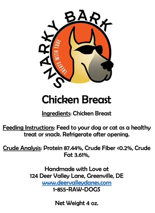 Snarky Bark Chicken Breast Jerky dog treats made from pasture-raised chicken breast, human grade and antibiotic free.