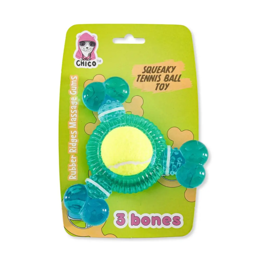 3-Bone TPR Chew Toy with squeaky tennis ball for interactive dog play and gum massage