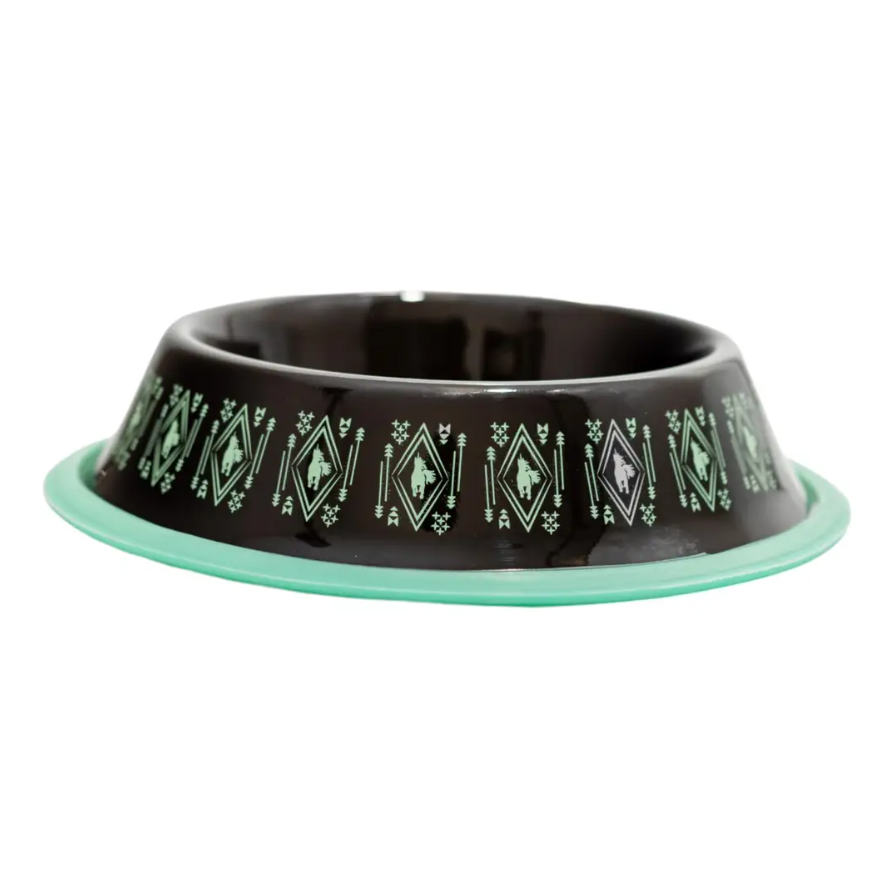 Non-Skid Boho Stainless Steel Dog Bowl with whimsical unicorn design and silicone base in mint green for medium dogs, 24oz capacity
