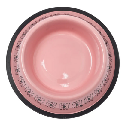Non-skid boho stainless steel dog bowl with whimsical unicorn design and silicone base in pink color