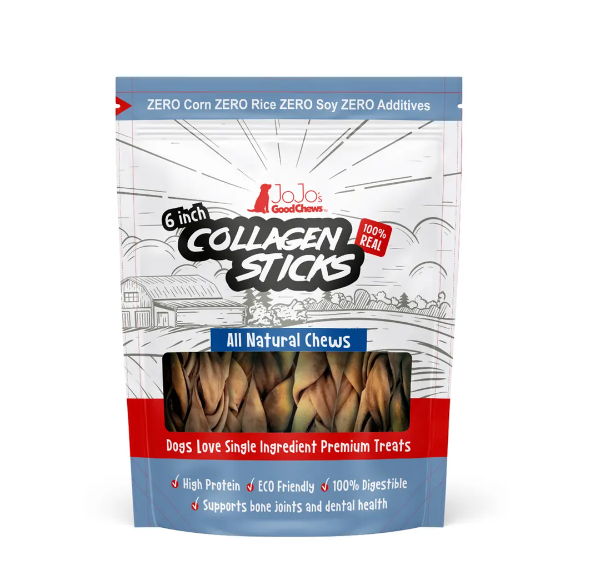 All-Natural Braided Collagen Sticks dog treats in resealable pouch, 6-inch, supports joint and skin health, made from 100% natural beef collagen, grain-free and eco-friendly, 4-pack.