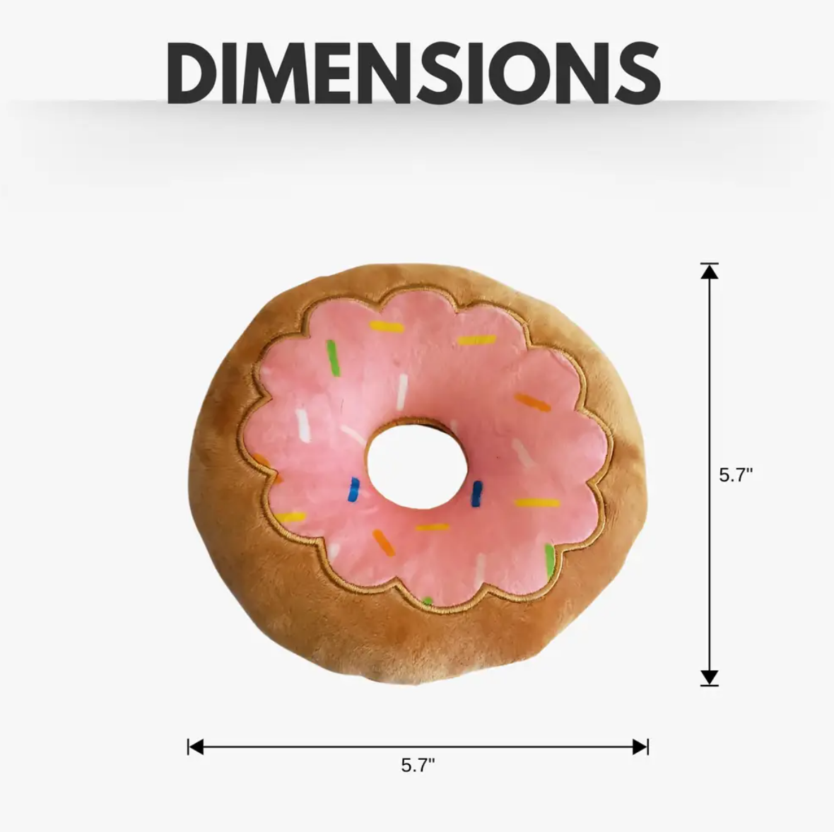 Strawberry donut plush dog toy measuring 5.7 inches with soft, non-toxic material for fetch and gentle chewing