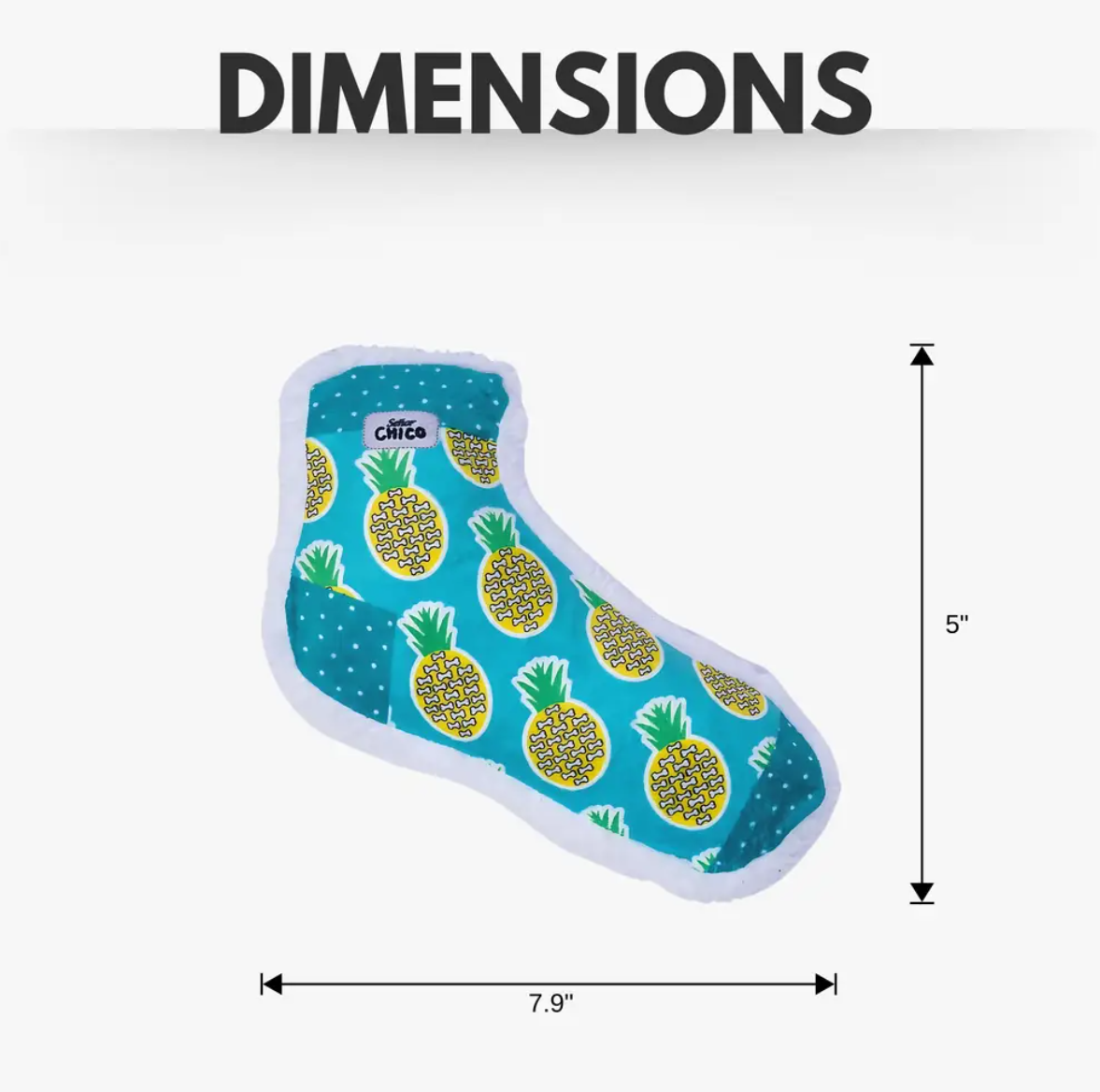 Squeaky Sock Plush Dog Toy with pineapple design measuring 7.9 by 5 inches for interactive play