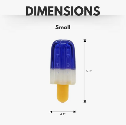 Small popsicle-shaped freezable dog toy made of durable natural rubber, 5.6 by 4.1 inches.