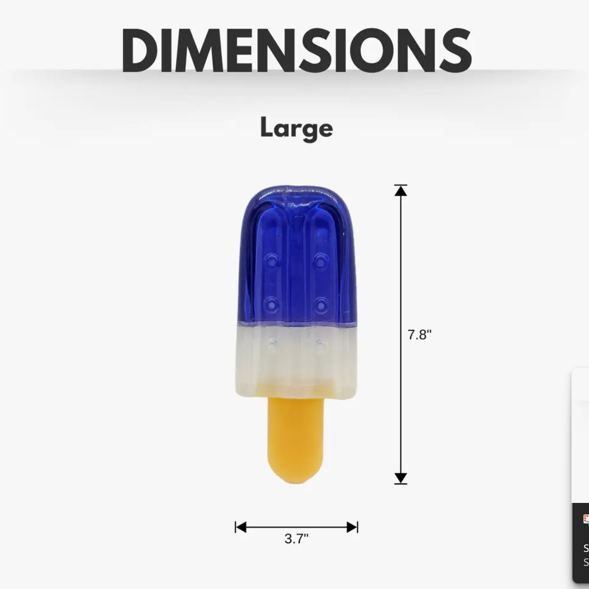 Large blue and yellow popsicle-shaped freezable dog toy made of natural rubber, measuring 7.8 by 3.7 inches