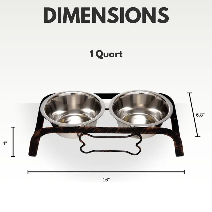 Country Living Rustic Dog Bone elevated dog feeder with two stainless steel bowls, antique copper-look base, and bone design, 16x6.8 inches.