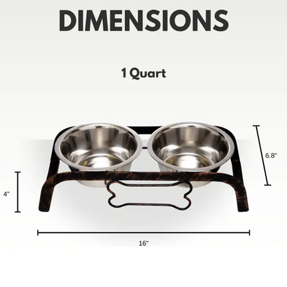 Country Living Rustic Dog Bone elevated dog feeder with two stainless steel bowls, antique copper-look base, and bone design, 16x6.8 inches.