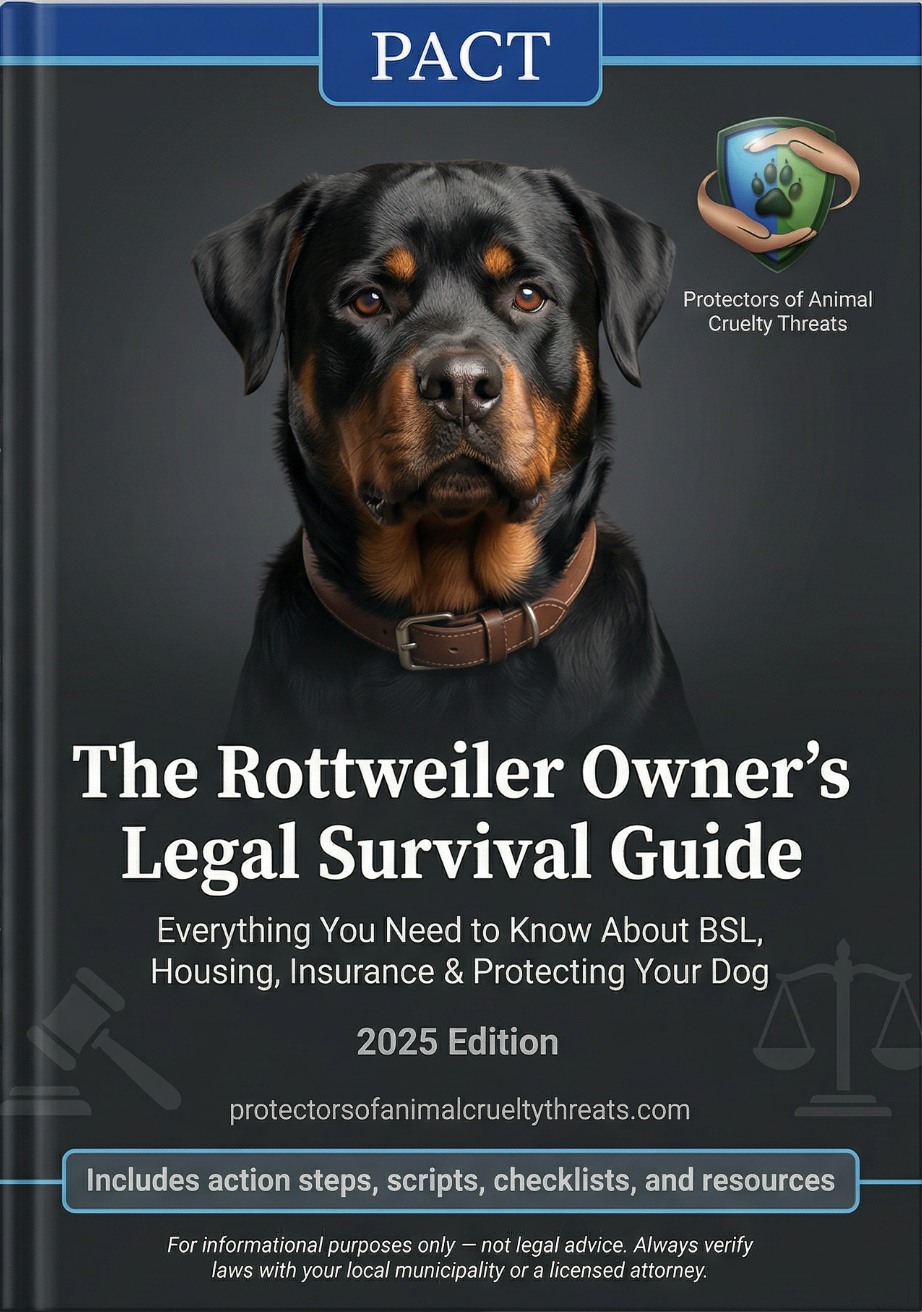 Cover of The PACT 2025 Rottweiler Owner's Legal Survival Guide digital PDF for breed-specific legislation and legal advice