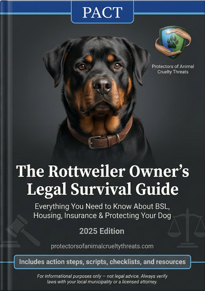Cover of The PACT 2025 Rottweiler Owner's Legal Survival Guide digital PDF for breed-specific legislation and legal advice