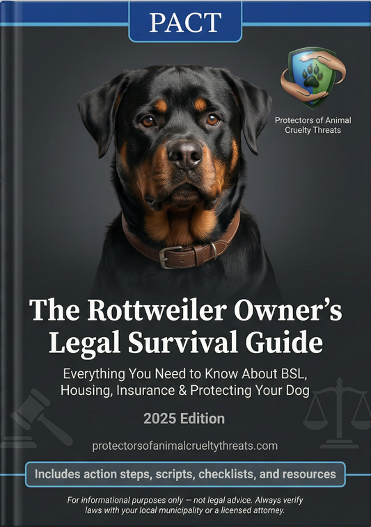 Cover of The PACT 2025 Rottweiler Owner's Legal Survival Guide digital PDF for breed-specific legislation and legal advice