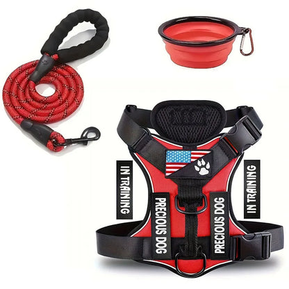 Adjustable reflective service dog harness and leash set with folding bowl for small dogs