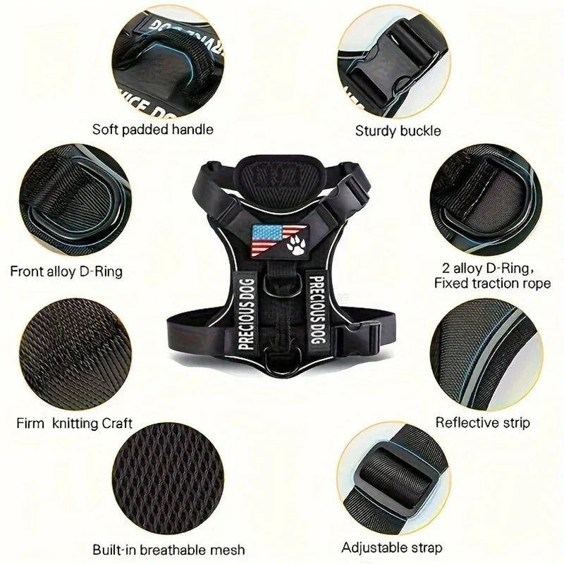 Reflective adjustable service dog harness vest with 5 patches and soft mesh lining