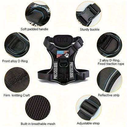 Reflective adjustable service dog harness vest with 5 patches and soft mesh lining