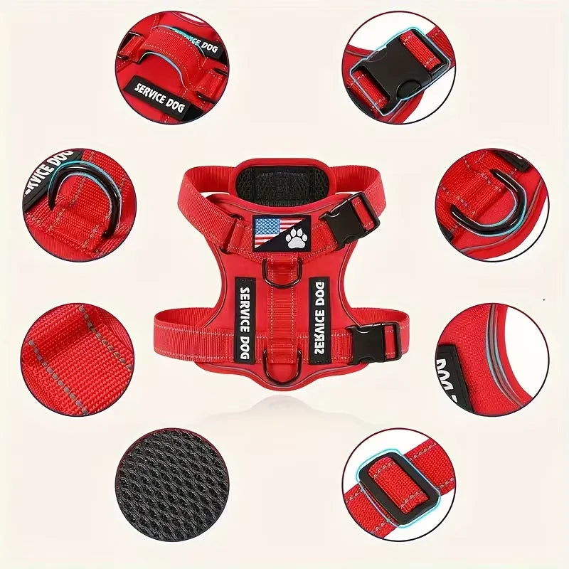 Adjustable reflective service dog harness and leash set with folding bowl, padded soft oxford material for small dogs
